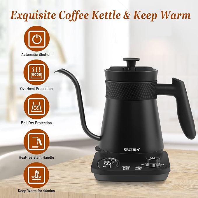 Secura Electric Gooseneck Kettle, 5 Variable Presets for Coffee Tea Brewing, 100% Stainless Steel Inner Tea/Coffee Kettle with 1.5H Keep Warm, 1200 Watt Quick Heating Pot, 0.8L, Matt Black