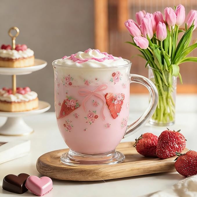 KEMORELA 16oz Valentine's glass coffee mugs Set of 2, Cute Pink Bow glass cup with Handle, Romantic Mug, Sweet Valentine's Gifts for Couple Drinking Glasses for Valentines Party- Dishwasher Safe