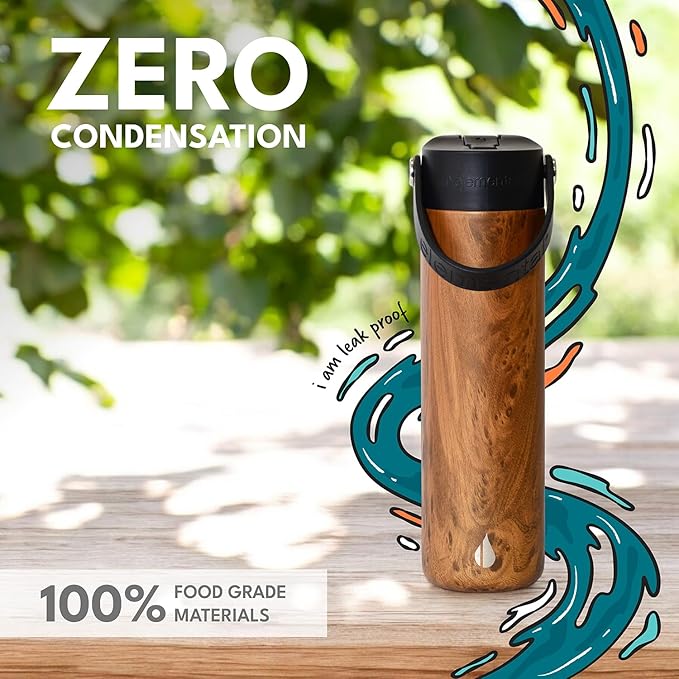 Elemental 24oz Insulated Water Bottle with Straw - 100% Leak-Proof Stainless Steel Core Water Bottles for Travel, Sports and Gym - Double Wall Insulation & BPA Free - Teak Wood