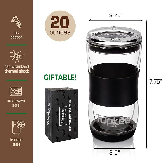 Tupkee 20 oz Double Wall Glass Tumbler With Lid – All Glass Hand Blown Reusable Insulated Travel Mug - For Coffee, Tea, Boba, Iced Coffee, and Smoothie Cup To Go – Black