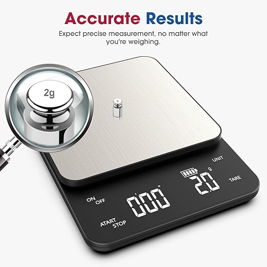 Mik-Nana Digital Coffee Scale with Integrated Timer, 0.1g High Precision Kitchen Food Scale for Pour Over and Espresso, 11lb/5kg Capacity, Large Backlit LCD Display (Batteries Included)