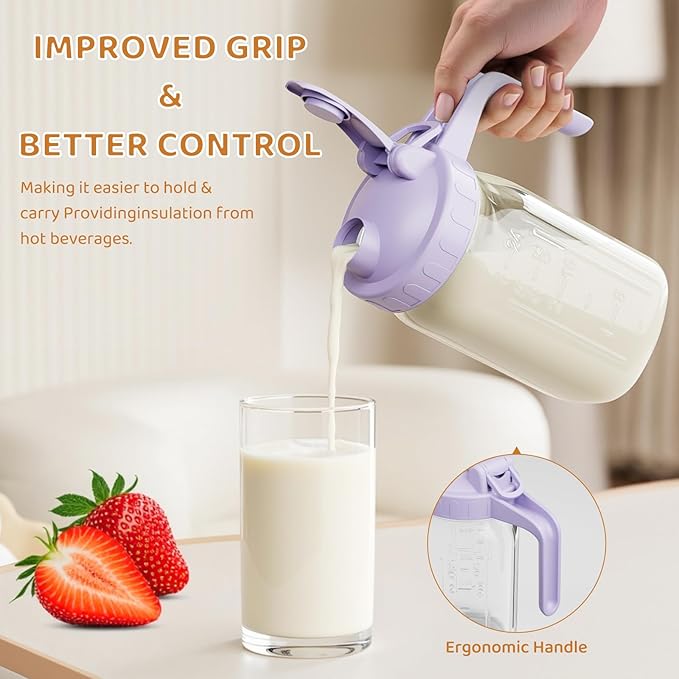 Breast Milk Pitcher, Mason Jar 32 oz, Heavy Duty Wide Mouth Jar with Purple Flip Cap Lid and Pour Spout, Formula Pitcher Airtight Seal for Freshness and Convenience, Great for Cold Beverages
