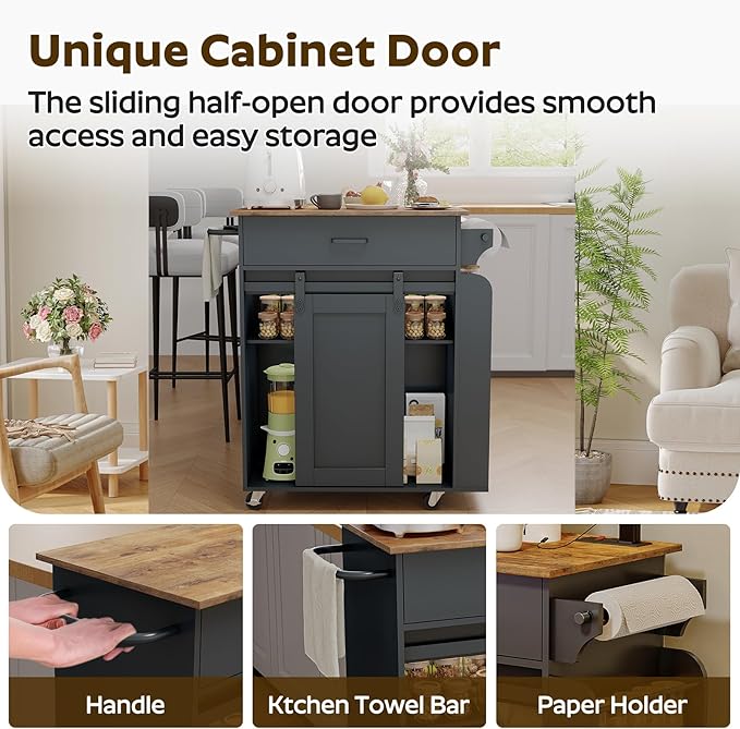 Kitchen Island with Storage, Kitchen Storage Cabinets with Charging Station, Kitchen Island on Wheels, Rolling Island Table with Sliding Cabinet Door, Black and Rustic Brown ZD01UBR