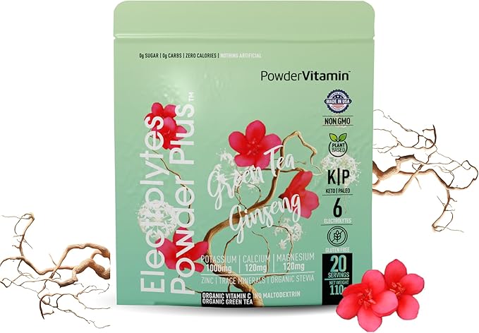 PowderVitamin Electrolytes Powder Plus (20 Servings) Green Tea Ginseng Electrolyte Powder Keto, Sugar Free, Pink Himalayan Salt,1000mg Potassium,120mg Calcium,120mg Magnesium, Hydration Powder