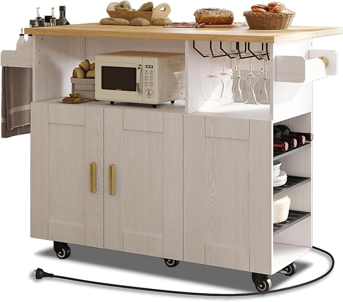 Rolling Mobile Kitchen Island with Storage and Drop Leaf, Island Table with Countertop Power Socket and Wheel (White, Model 1.2)