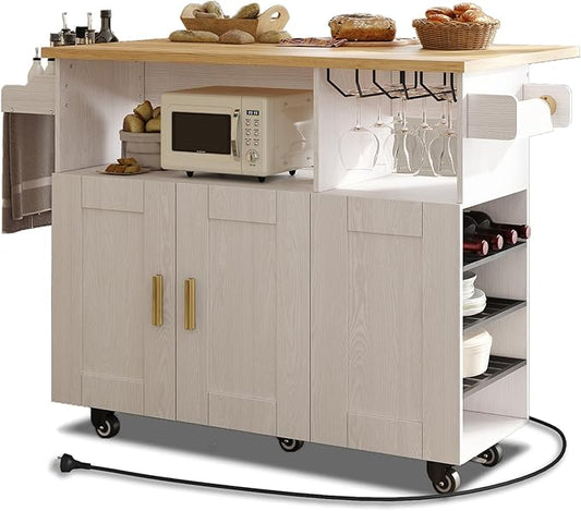 Rolling Mobile Kitchen Island with Storage and Drop Leaf, Island Table with Countertop Power Socket and Wheel (White, Model 1.2)