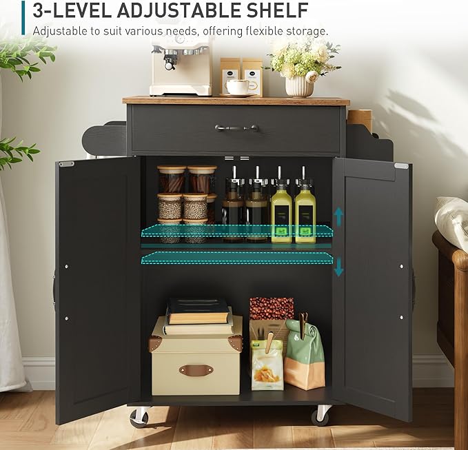 Kitchen Island Cart, Small Kitchen Island with Storage Cabinet and Drawer, Rolling Kitchen Cart on Wheels with Spice Rack and Towel Rack, for Kitchen, Dining Room, Black and Rustic Brown