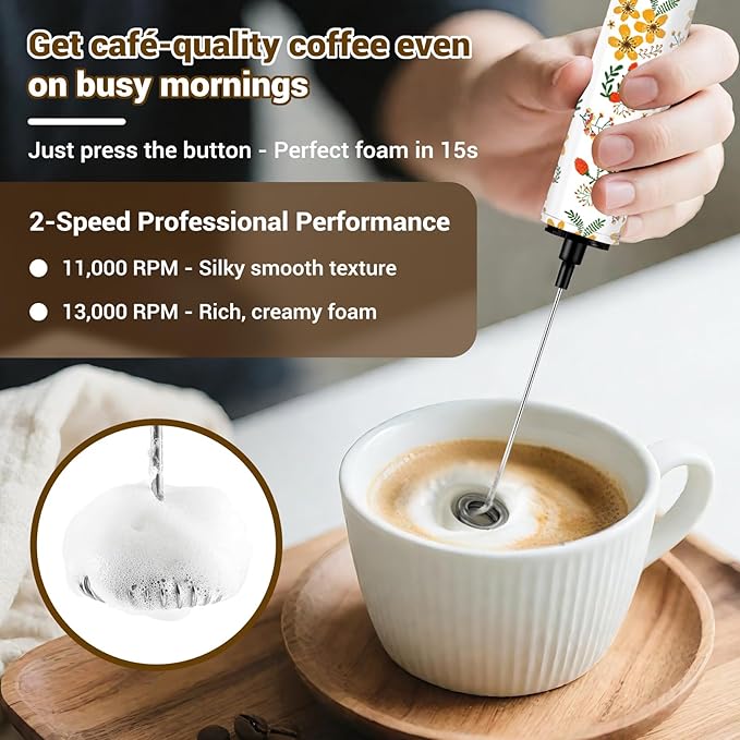 Milk Frother Handheld Rechargeable - 2-Speed Electric Whisk with 5 Detachable Heads (Frother/Mixer/Whisk) for Coffee, Latte, Cappuccino & Matcha, Drink Mixer (Flower 7)