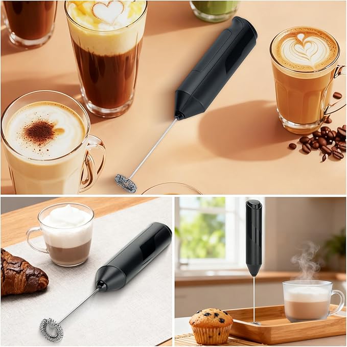 Handheld Milk Frother, Battery Operated Electric Foam Maker, Milk Frother Wand Drink Mixer with Stainless Steel Whisk for Coffee, Matcha, Lattes, Cappuccino (Black)