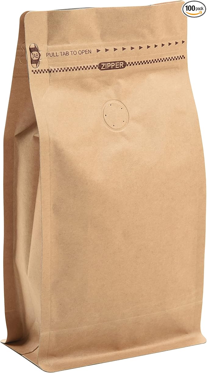 100 Count 32oz/1kg Kraft Paper Coffee Bags - High Barrier Kraft & Foil Liner - Flat Bottom Coffee Pouches with Degassing Valve, Food Storage Bags with Rsealable Zipper & Easy Open Tape