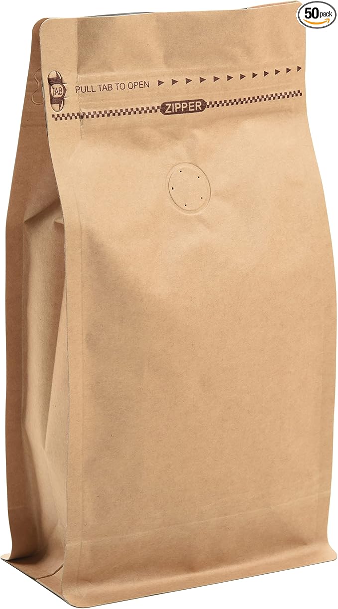 50 Count 32 Ounces/1Kg Kraft Paper Coffee Bags - High Barrier Kraft & Foil Liner - Flat Bottom Coffee Pouches with Degassing Valve, Food Storage Bags with Rsealable Zipper & Easy Open Tape (50pcs, 32oz/1kg)