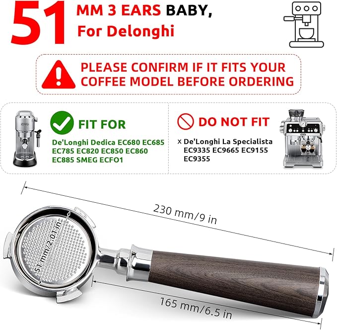 51mm Bottomless Portafilter 3 Ears, YMWVH Professional Espresso Portafilter 51mm for De-longhi EC680, EC685 & EC885 Espresso Machine, Stainless Steel Basket and Walnut Handle