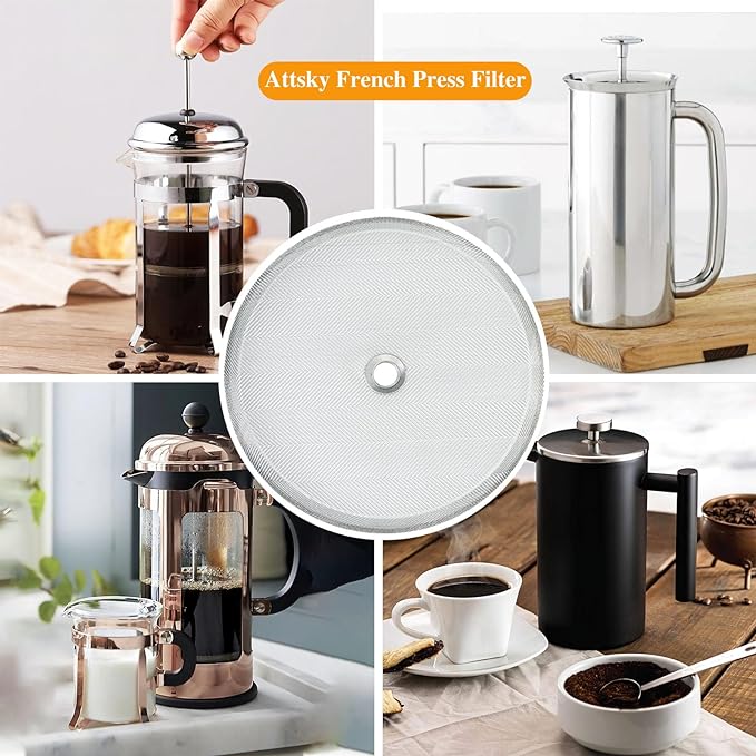 8 Pieces French Press Replacement Parts Stainless Steel Set, 6 Pieces 4in Universal French Press Screen, Containing Spiral Disk and Cross Disk for 34oz/3.75 Inch Wide French Press Coffee Press