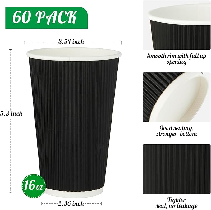 JollyPack 60 Pack 16 oz Paper Coffee Cups, Black Disposable Beverage Cups with Insulated Ripple Wall for Coffee, Tea, and Hot Chocolate