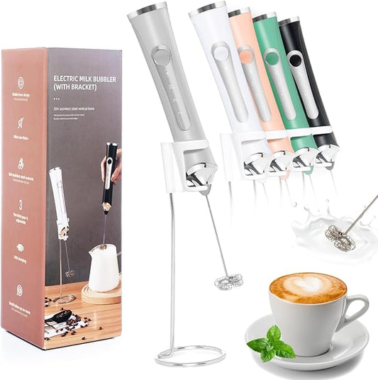 Rechargeable Milk Frother Handheld For Coffee,3 Speeds Frother Wand With Stand, Batidora De Mano Electrica,Coffee Frother With 2 Heads,Drink Mixer Electric Handheld,Kitchen Essentials (Silvery)