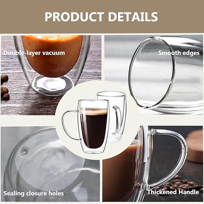 DINGPAl 15 oz Double Walled Glass Coffee Mugs, Set of 4 Large Double Wall Layer Coffee Mug Insulated Borosilicate Glass Cups with Handle and Spoon for Latte, Cappuccino, Espresso, Americano