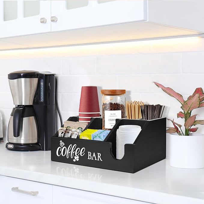 Rustic Coffee Bar Organizer - Wooden Coffee Pod Holder & Cup Storage Basket for Counter - K-Cup Sugar & Tea Condiment Organizer