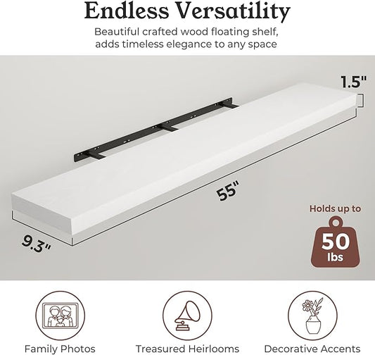Floating Shelves for Wall, 9.3" Deep Wall Mounted Wood Shelves for Bathroom, Bedroom, Living Room, Kitchen, Hanging Shelf for Books/Storage/Room Decor (White, 55")
