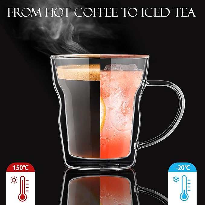 Joeyan 12oz Double Wall Insulated Coffee Mugs - Set of 2, Clear Glass Coffee Mug Espresso Cup with Handle, Perfect for Home Office, Latte, Cappuccino, Beer, Iced Tea Coffee, Hot Chocolate& Gift