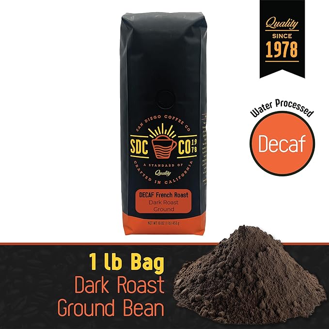 San Diego Coffee DECAF French Roast, Dark Roast, Ground Coffee, 16-Ounce Bag Café descafeinado molido tostado