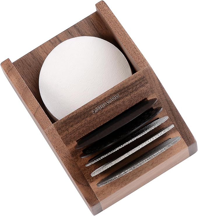 Normcore Espresso Filter Holder and Organizer, Holds 5 Puck Screens, Compact Countertop Storage for Paper Filters and Diffuser Screens, Genuine American Walnut Wood