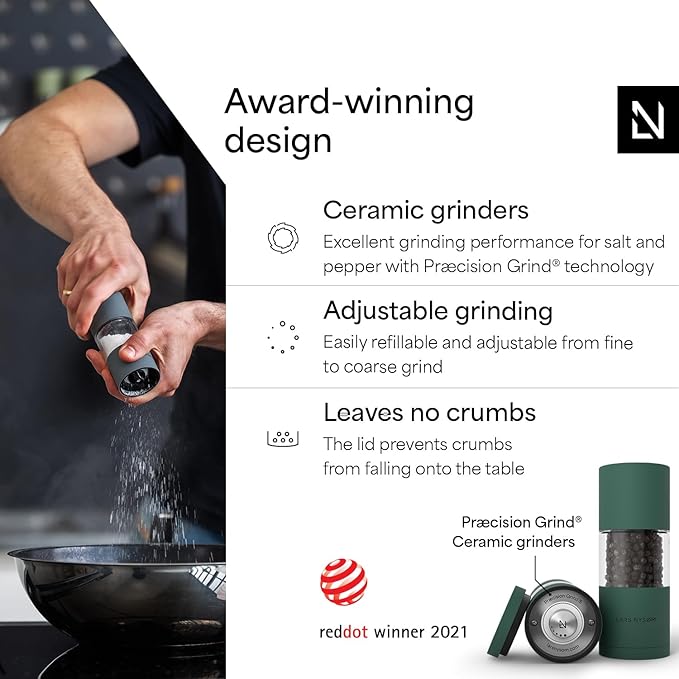 LARS NYSØM Salt and Pepper Grinder Set, Manual Salt and Pepper Mills with Adjustable Ceramic Grinder, Design Spice Shaker Set (Pine Green)