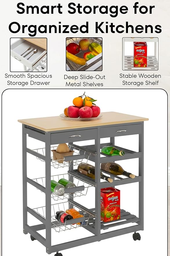 Kitchen Island Cart with Drawers, Lockable Wheels - Rolling Serving Utility Trolley - Mobile Countertop Open Shelf Storage Cabinet Basket for Dining Room, Coffee Bar (Grey)