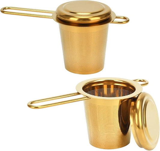 2pcs Tea Infuser, Stainless Steel Tea Strainer Fine Mesh Tea Diffuser with Double Long Handles Loose Leaf Tea Steeper for Mugs Cups Teapots (Gold)