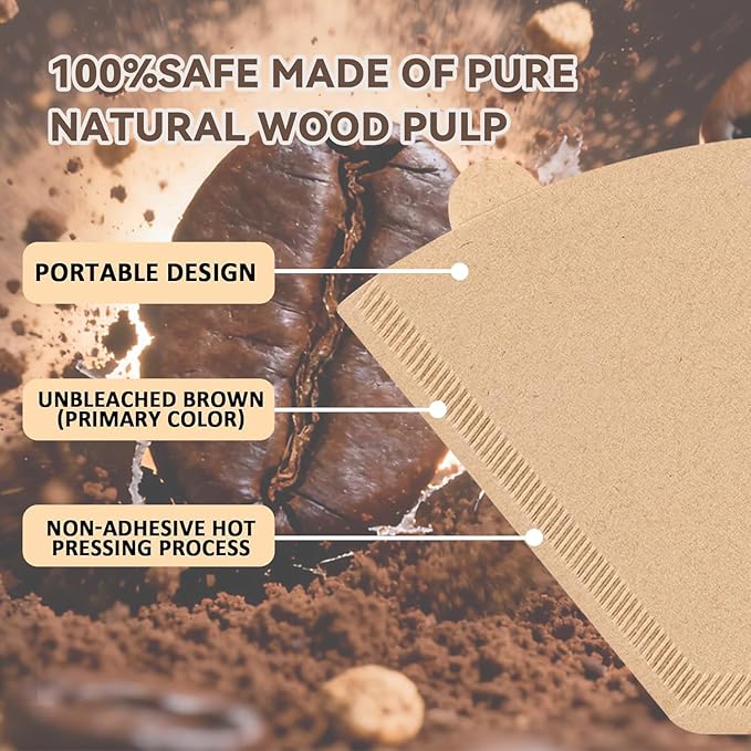 MACLUD 100 Count #4 Cone Coffee Filters 8-12 Cup with Coffee Stirring Spoons, Unbleached Natural Disposable Size 4 Coffee Filters Cone, Durable Tear-Resistant for Pour Over and Drip Coffee Machines