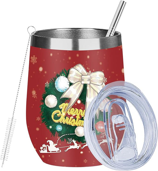 MEZMUT Christmas Wine Tumbler Unique Mom Christmas Gifts for Women Her 12oz Stainless Steel Wine Glass Christmas Cups Insulated Tumblers with Lids&Straws Double Wall Vacuum Coffee Tumbler Mugs
