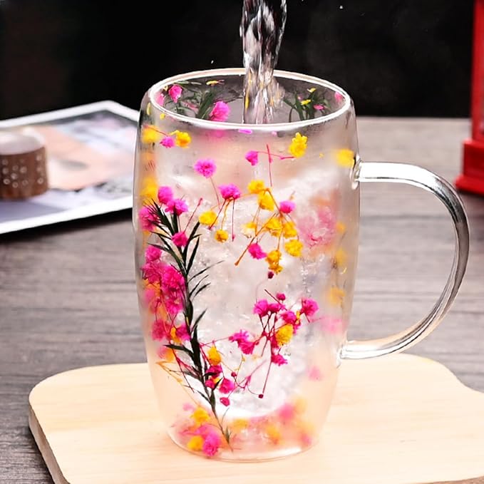 15.22oz, Double Wall Borosilicate Glass Coffee Mug with Heat-Resistant Handle, Insulated Flower Tea Cup, Multi-Color Options (yellow,15.22oz)
