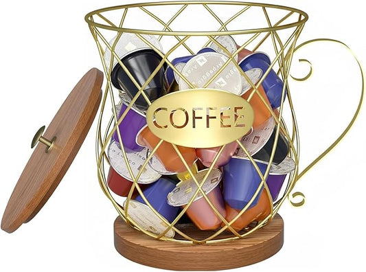 Coffee Pod Holder with Lid -Coffee Creamer Holder Large Capacity Holder for k Holder Organizer for Counter - Coffee Decor Station for Pods, Espresso, Capsules, Creamer, (Gold-HH)