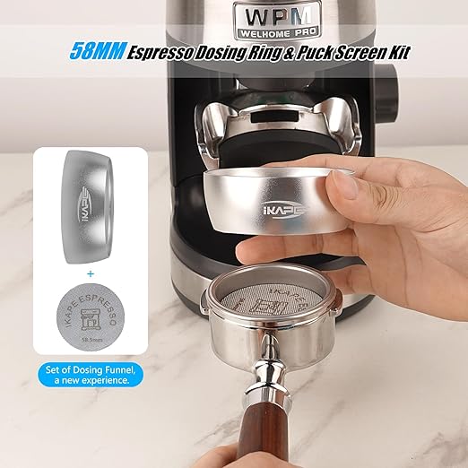 IKAPE Magnetic Dosing Funnel Set, 58MM Espresso Dosing Ring & Puck Screen Kit Compatible with 58 mm Bottomless Portafilter - with 10 Small Magnet (Silver)