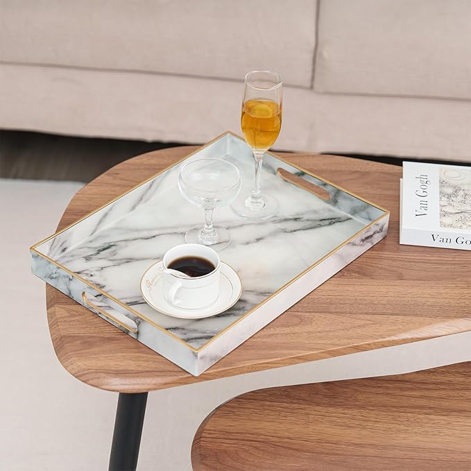 Serving Tray, Marble Plastic Food Trays for Eating on Lap Decor Coffee Tray with Handles Rectangular Non-Slip Candle Plate, 15.7"x11.8"x1.6" Large Drinks Platter for Kitchen/Living Room/Bedroom