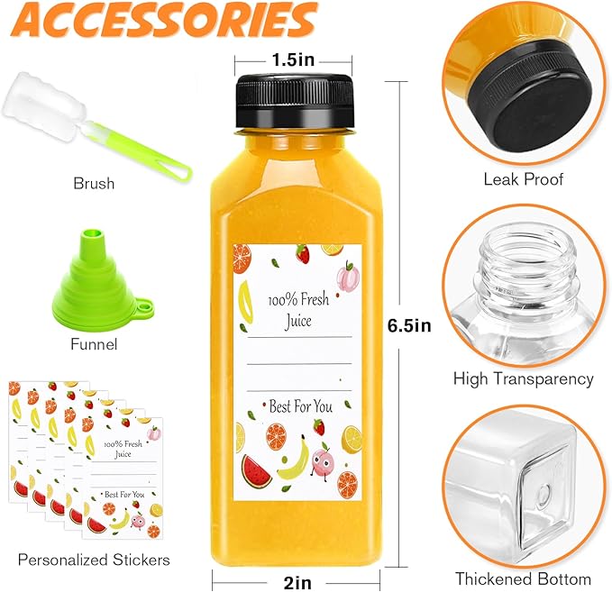 Juice Bottles - 12oz Bottles with Lids, 6 pcs Plastic Juice Containers with Caps Reusable Drink Containers for Juice Milk Coffee Water Smoothie and Other Beverages Christmas gifts