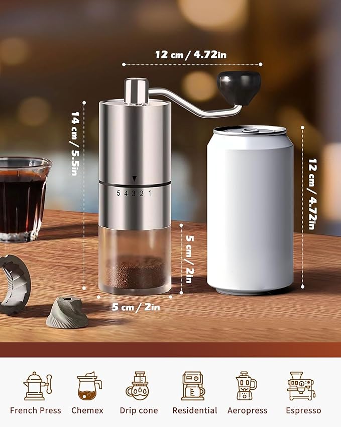 Rsoilch Manual Coffee Grinder | Ceramic Burr | 5 Grind Settings | Stainless Steel | Espresso to French Press