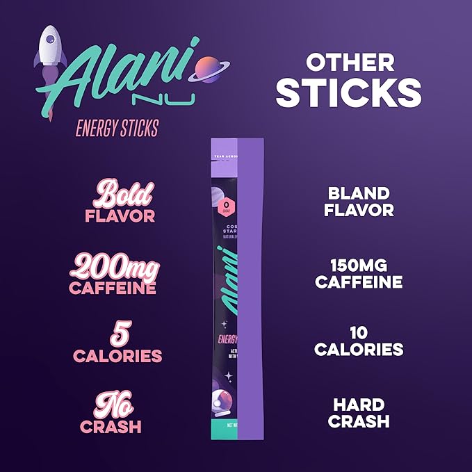 Alani Nu COSMIC STARDUST, Energy Sticks Drink Powder, 200mg Caffeine, Pre Workout Performance with Antioxidants, On-The-Go Drink Mix, Biotin, B Vitamins, Zero Sugar, 5 Calories, 10 Pack