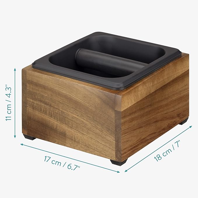 Navaris Coffee Knock Box - Stainless Steel and Wood Bin for Espresso Machine Coffee Grounds - With Silicone Bar for Knocking Filter Grinds - Black