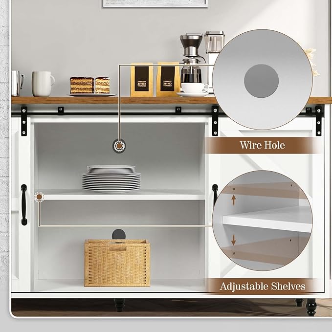 4ever2buy Farmhouse Coffee Bar Cabinet with Storage Sideboard Buffet Cabinet with Sliding Barn Doors 58 inch Buffet Table with Gourd Feet for Dining Room Living Room White