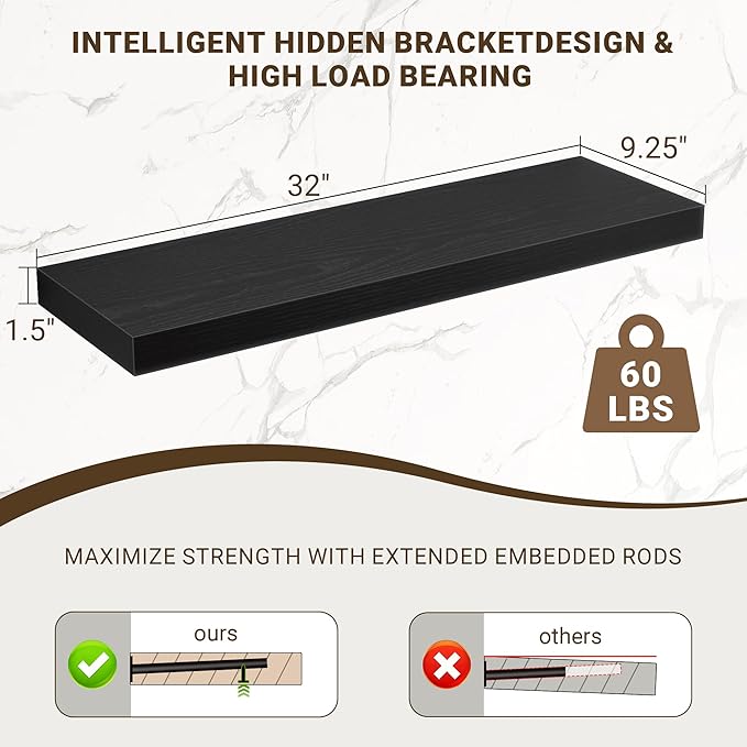 32 Inch Floating Shelves, 3D Textured Wood Grain, 32"x9.25"x1.5" Inch Deep Floating Shelves for Wall, Wooden Shelves for Bathroom, Bedroom, Living Room, Black, 2 Pieces