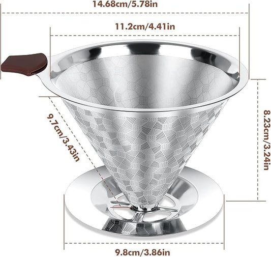 Pour Over Coffee Dripper, LOOFORE Stainless Steel Coffee Filter 1-4 Cup, Metal Cone Filter Paperless Reusable Coffee Filter, Double Mesh Design with Spoon and Cleaning Brush