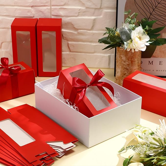 Honoson 24 Pcs Tumbler Gift Box with Ribbon for Sublimation Glass Exhibition Boxes Transparent for 12oz 16oz 20oz Drinking Cup Glasses Jars Mug Can Blanks(Wine Red)