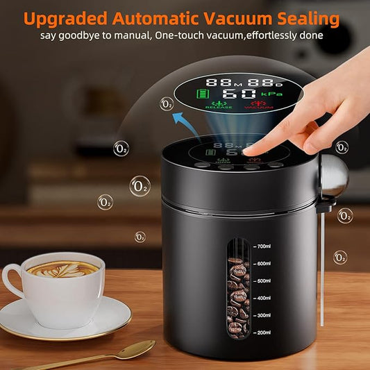 Automatic Vacuum Coffee Canister, 0.8L Airtight Food Storage Containers with Smart Pressure Sensor, Electric Coffee Bean Container Rechargeable with LED Display Window for Home Kitchen Food Storage