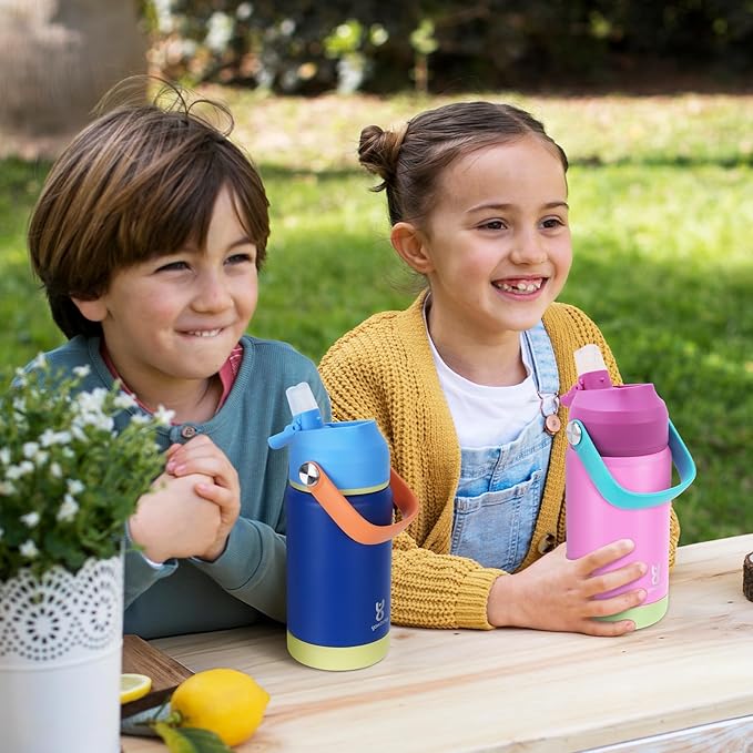 2-Pack Kids Water Bottle for School 12 oz,Stainless Steel Insulated Water Bottles,Pink Water Bottles for Toddler Girls Boys with Straw Lids & Handle