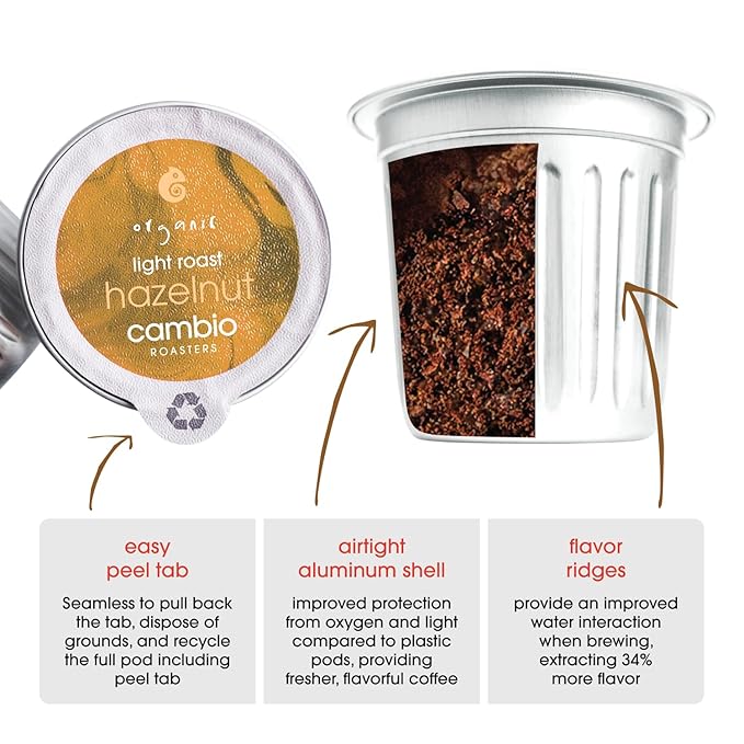 Cambio Roasters Hazelnut Light Roast Organic Coffee Pods - The Only Organic Recyclable Aluminum Coffee Pods, Small Batch Roasted, Keurig Compatible, Nutty Flavor & Longer Lasting Freshness, 60 Count