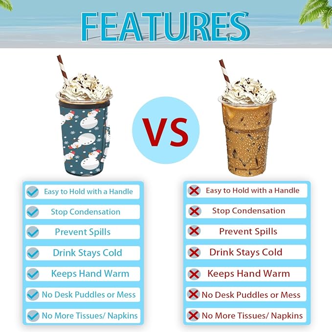Snowman Reusable Insulator Coffee Sleeves for Drinks Beverages, Cute Snowman Christmas Neoprene Holder with Handle for Most Coffee or Ice Drink, 30-32oz