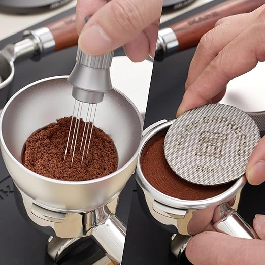 IKAPE Magnetic Dosing Funnel Set, 51MM Espresso Dosing Ring & Puck Screen Kit Compatible with 51 mm Bottomless Portafilter - with 10 Small Magnet (Silver)