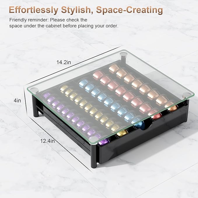 gianotter Crystal Tempered Glass Vertuo Pod Holder Drawer, Compatible with Nespresso Vertuo Capsules, Compatible with 40 Large or 60 Small Nespresso Capsule Organizer (transparent)