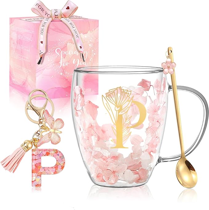 Personalized Gift for Women Flower Glass Coffee Mug Initial Tea cup Monogrammed Customized Bridesmaid Bride Wedding Gifts Graduation Gifts Valentine Mother's Day Birthday Christmas Gift (P)