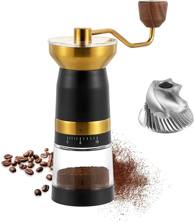 VEVOK CHEF Manual Coffee Grinder 10 External Adjustment Fashion Bean Grinder Stainless Steel Double Bearing Conical Burr Portable Hand Coffee Mill for Home,Camping,Gold